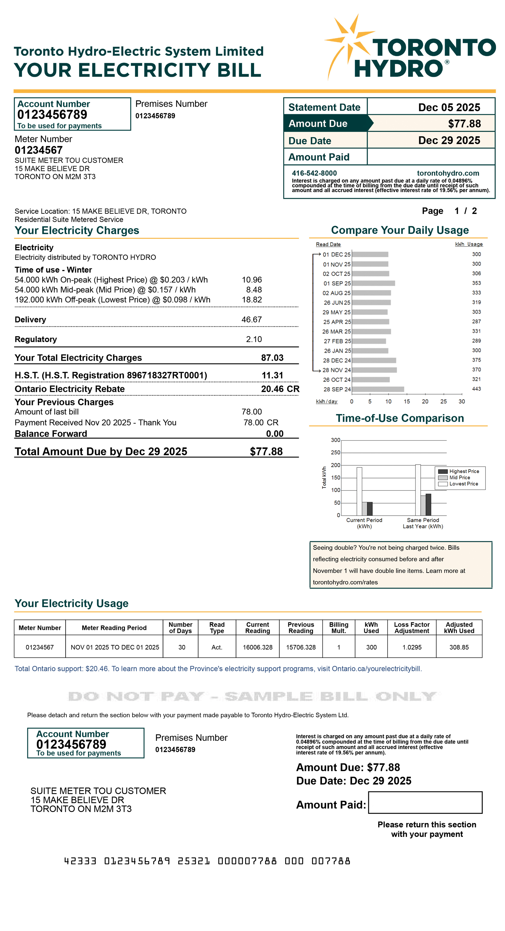 Suite metering Time-of-Use (TOU) sample bill for desktop