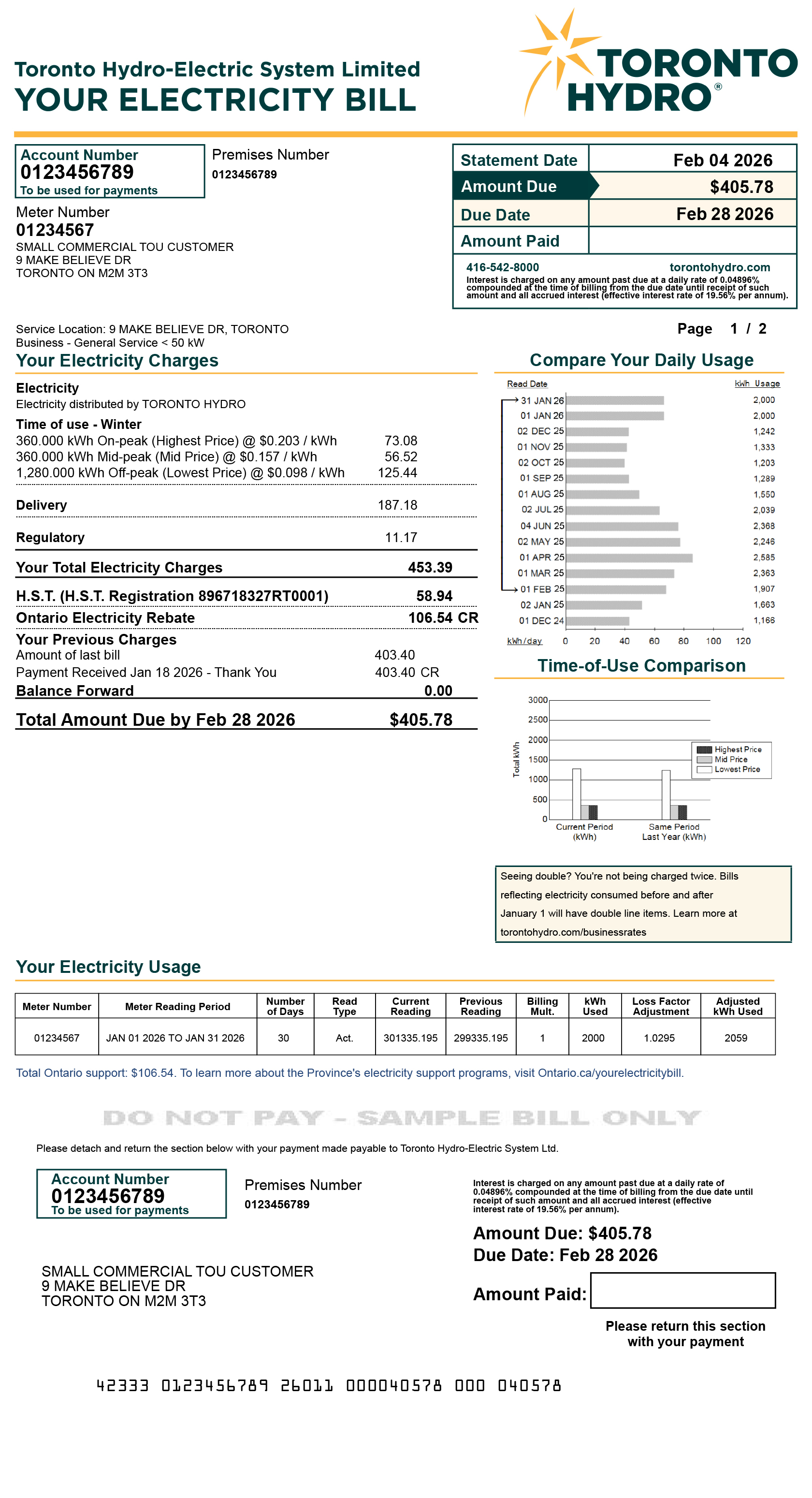 Suite metering Time-of-Use (TOU) sample bill for desktop