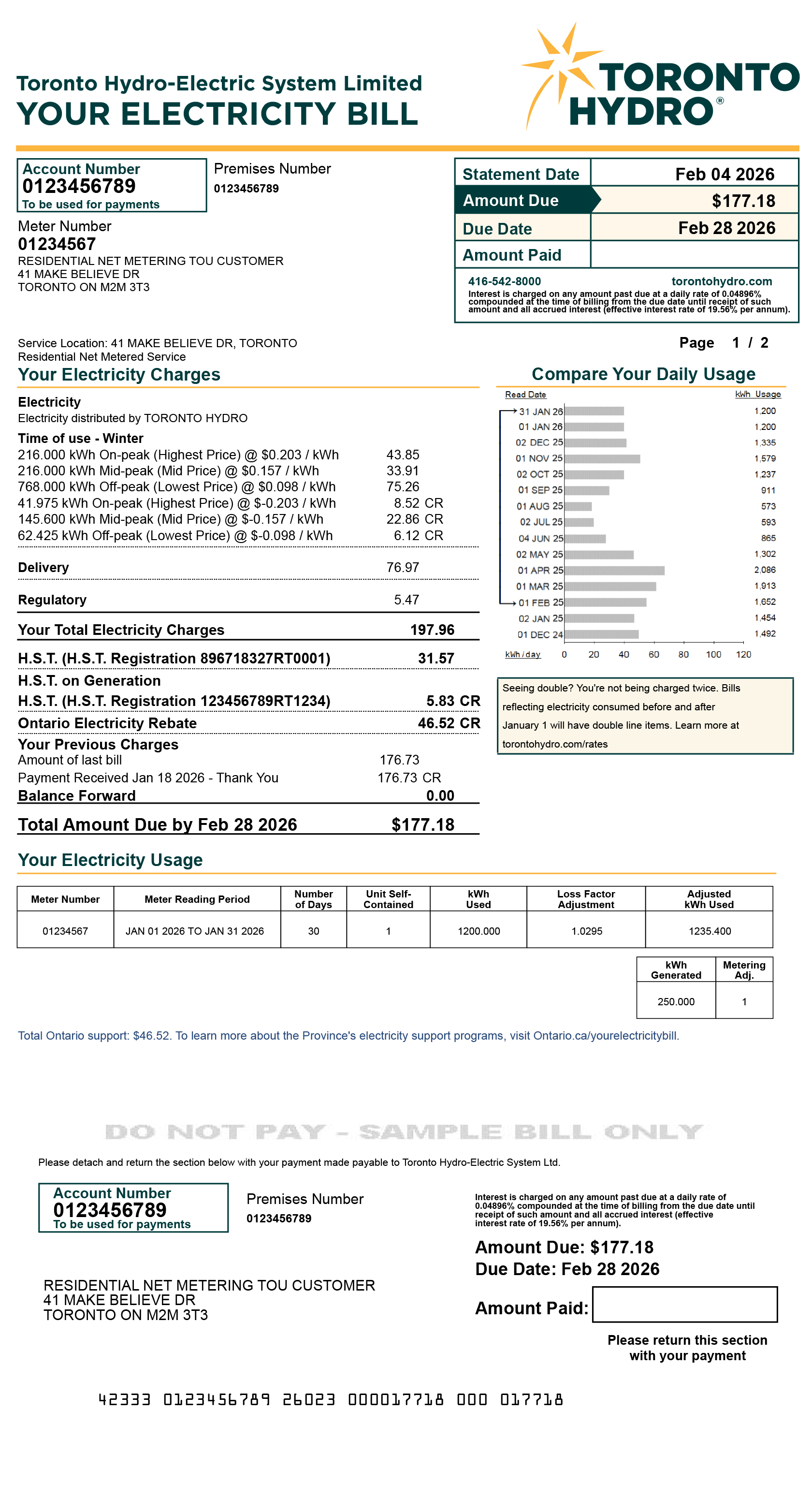 Residential net metering Time-of-Use sample bill. 